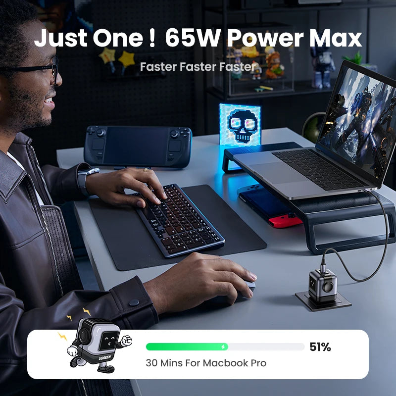 Cargador Robot Ugreen Nexode RG 65W - Estación de Carga GaN 3 en 1